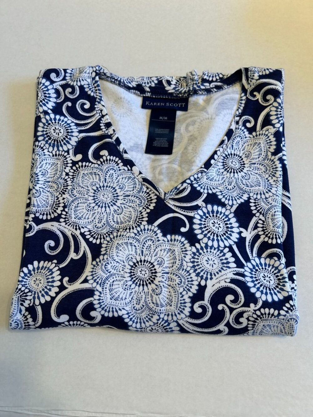 Karen Scott navy blue and white floral medallion print-Size Medium